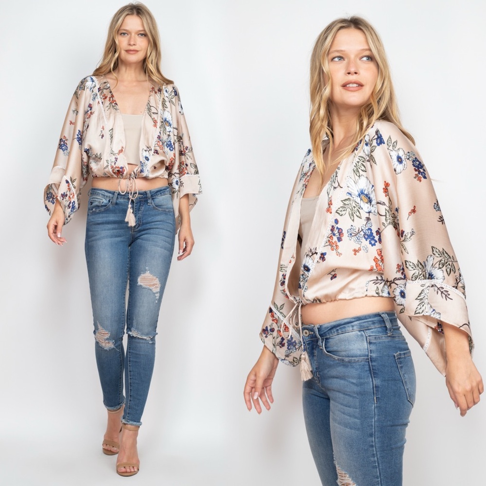 Floral Beige Women's Crop Front Tie Top - Picture 9 of 9